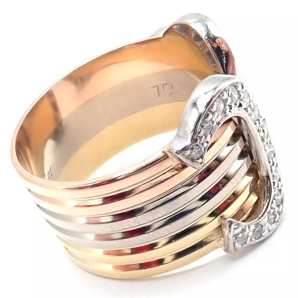 Authentic! Cartier Diamond Double C 18k Tri-Color Gold Band Ring Size 53 US 6.25 - Picture 2 of 11